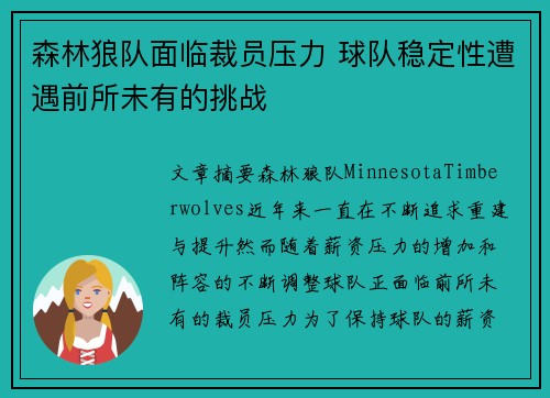 森林狼队面临裁员压力 球队稳定性遭遇前所未有的挑战