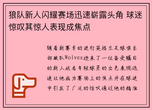 狼队新人闪耀赛场迅速崭露头角 球迷惊叹其惊人表现成焦点