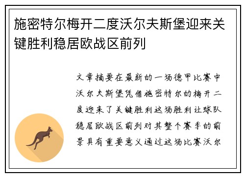 施密特尔梅开二度沃尔夫斯堡迎来关键胜利稳居欧战区前列