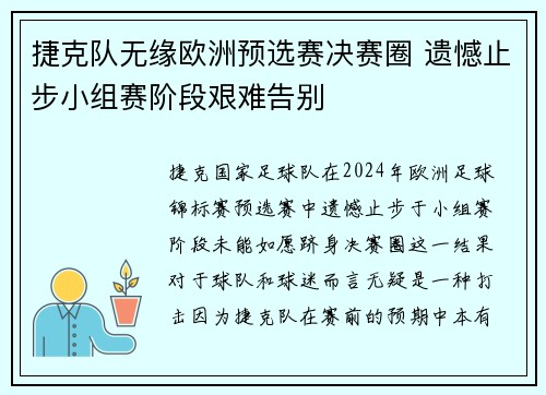 捷克队无缘欧洲预选赛决赛圈 遗憾止步小组赛阶段艰难告别