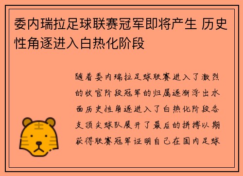 委内瑞拉足球联赛冠军即将产生 历史性角逐进入白热化阶段