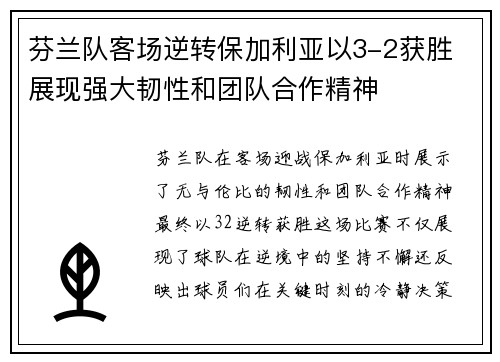 芬兰队客场逆转保加利亚以3-2获胜 展现强大韧性和团队合作精神